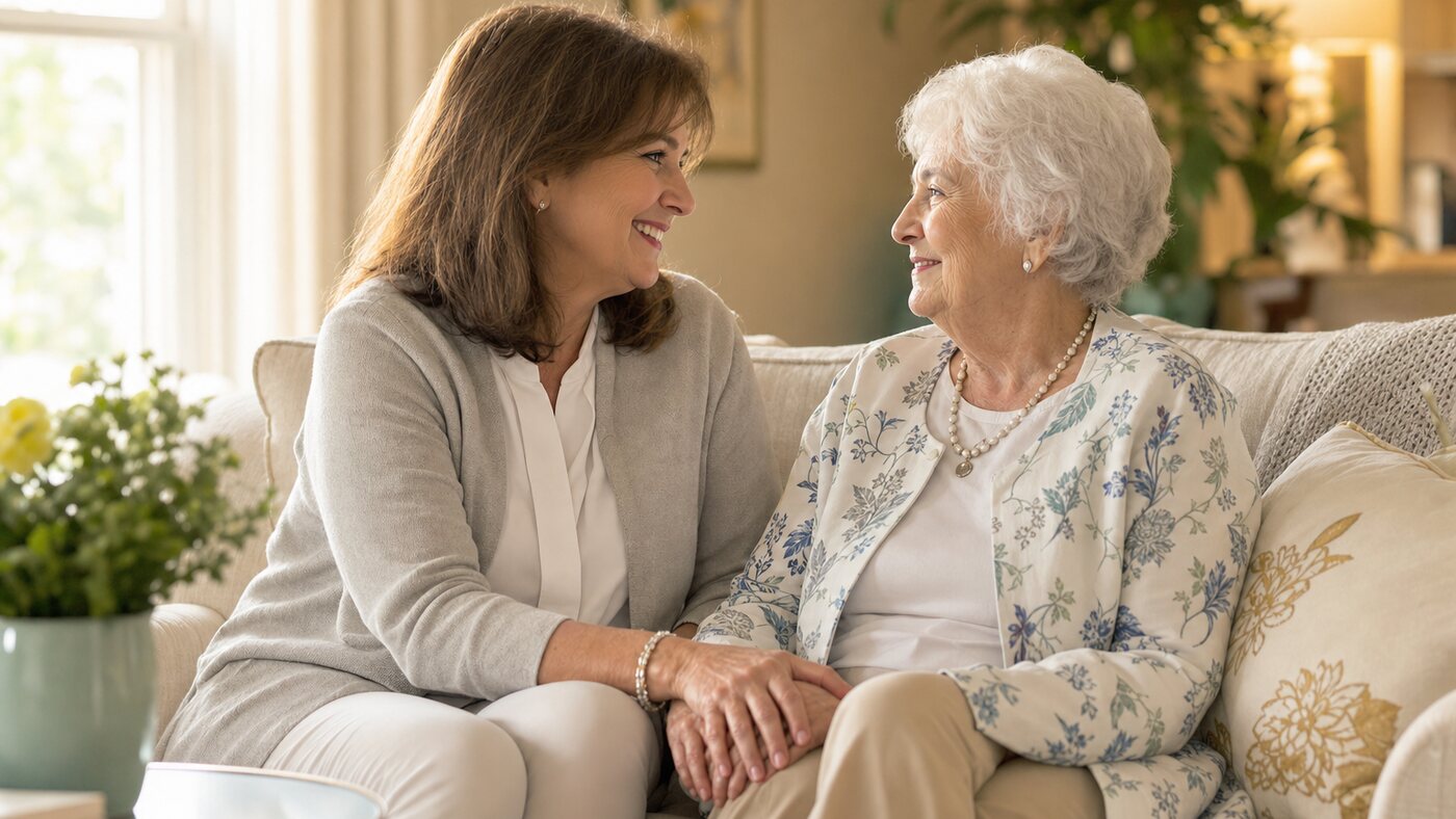 A caring adult daughter sitting with her elderly mother in a warm, sunlit senior living room